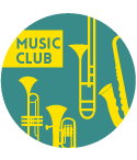 MUSICCLUBの文字と楽器がおしゃれに組み合わさった吹奏楽部、軽音楽部で使えるかわいいデザイン