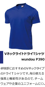卓球部におすすめのVネックタイプのドライTシャツです。毎日使える強度と機能性があるので、チームウェアや企業のユニフォームに〇。